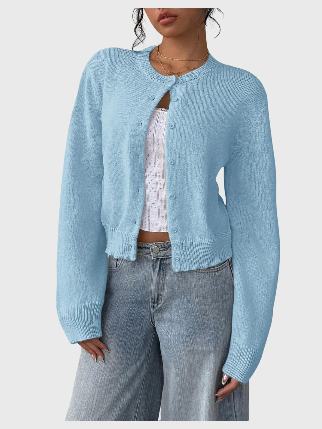 Women's Button Down Long Sleeve Crewneck Crop Cardigan Sweater Cute Knitwear Clothes