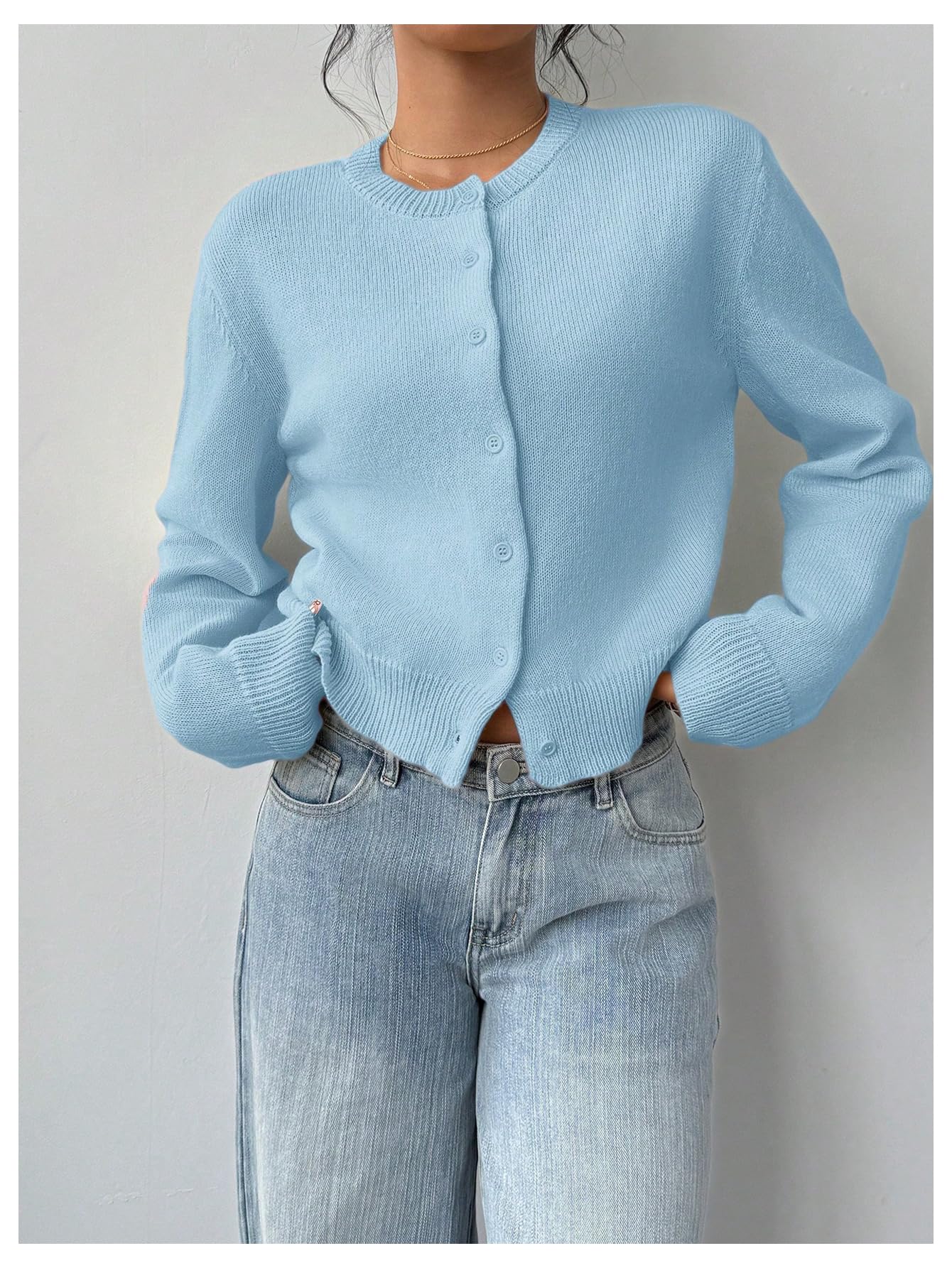 Women's Button Down Long Sleeve Crewneck Crop Cardigan Sweater Cute Knitwear Clothes