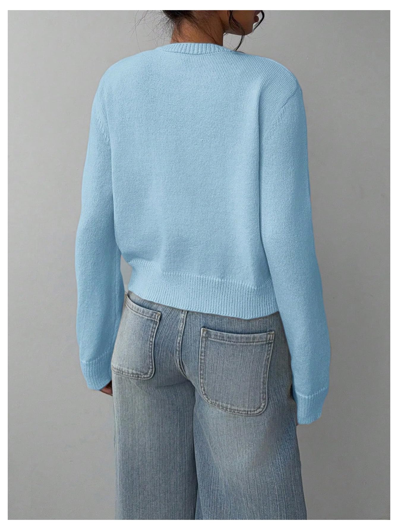 Women's Button Down Long Sleeve Crewneck Crop Cardigan Sweater Cute Knitwear Clothes
