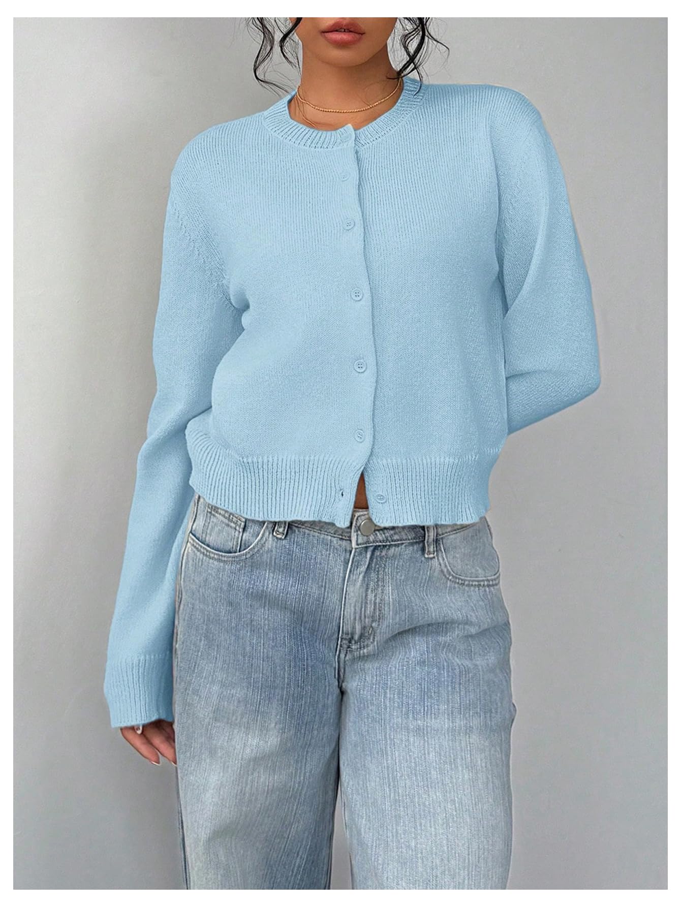 Women's Button Down Long Sleeve Crewneck Crop Cardigan Sweater Cute Knitwear Clothes