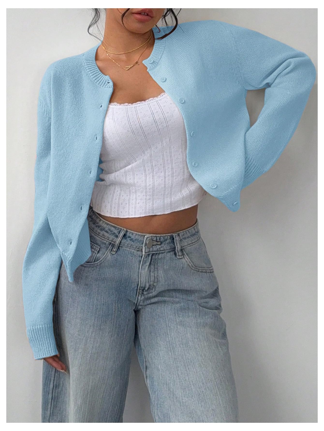 Women's Button Down Long Sleeve Crewneck Crop Cardigan Sweater Cute Knitwear Clothes