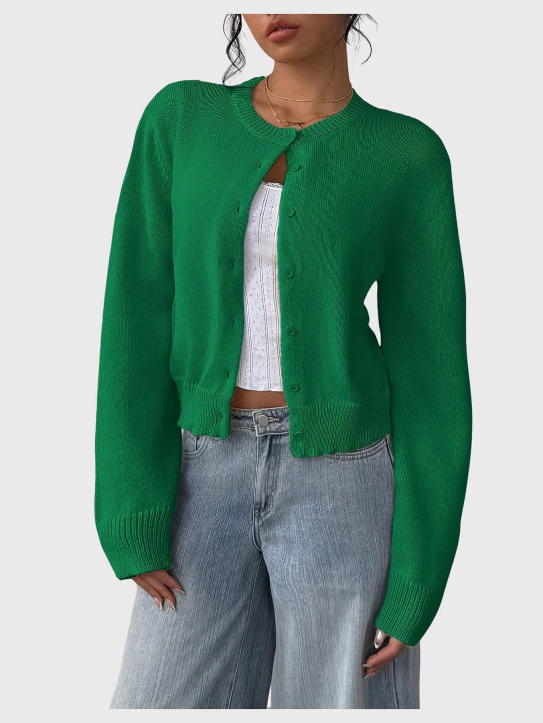 Women's Button Down Long Sleeve Crewneck Crop Cardigan Sweater Cute Knitwear Clothes