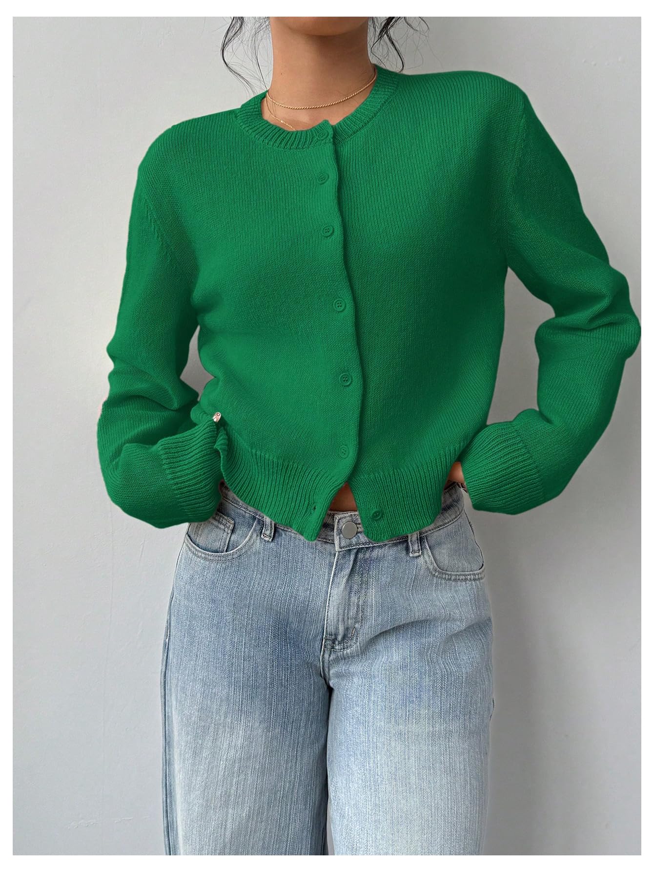 Women's Button Down Long Sleeve Crewneck Crop Cardigan Sweater Cute Knitwear Clothes