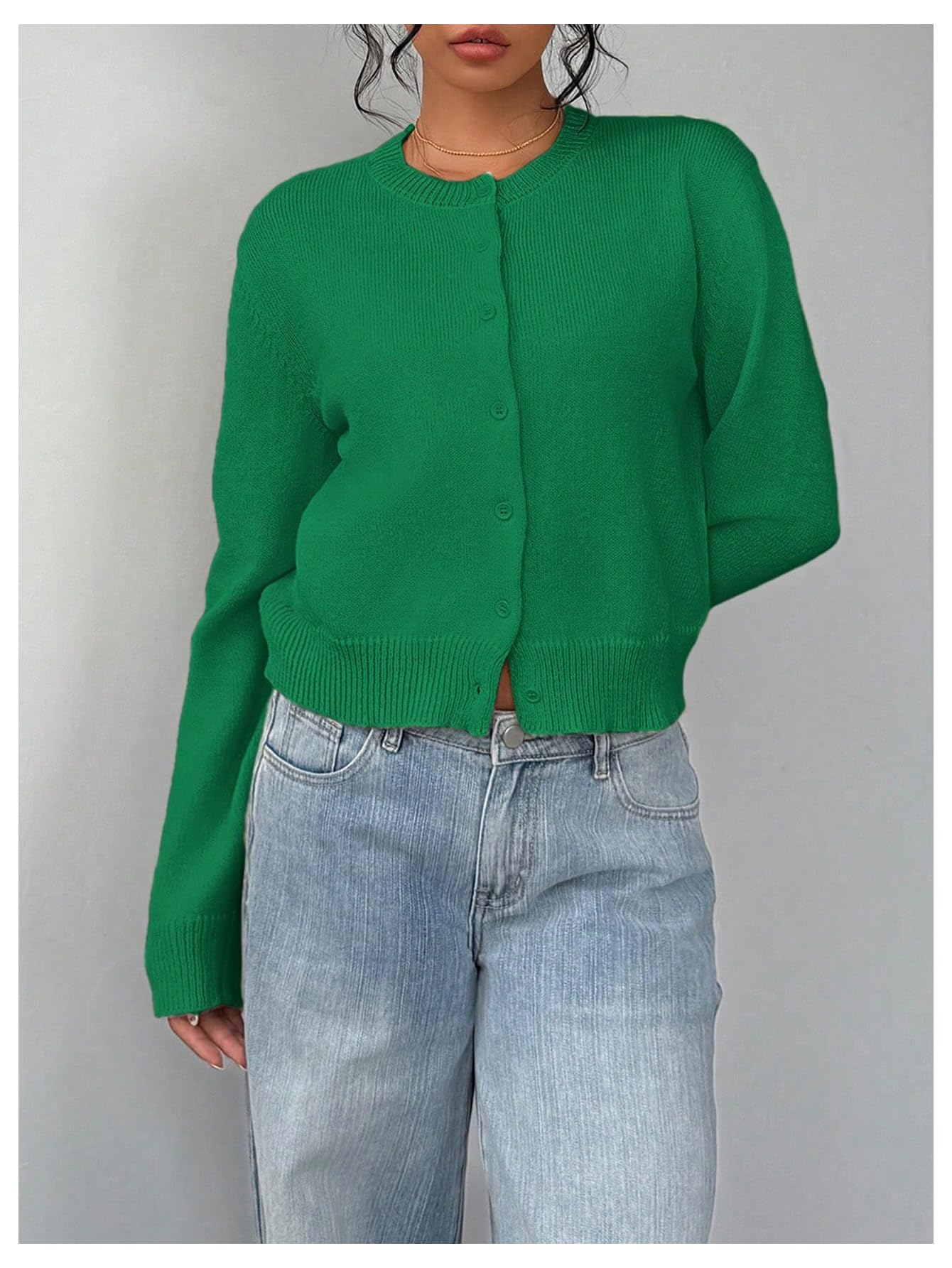 Women's Button Down Long Sleeve Crewneck Crop Cardigan Sweater Cute Knitwear Clothes
