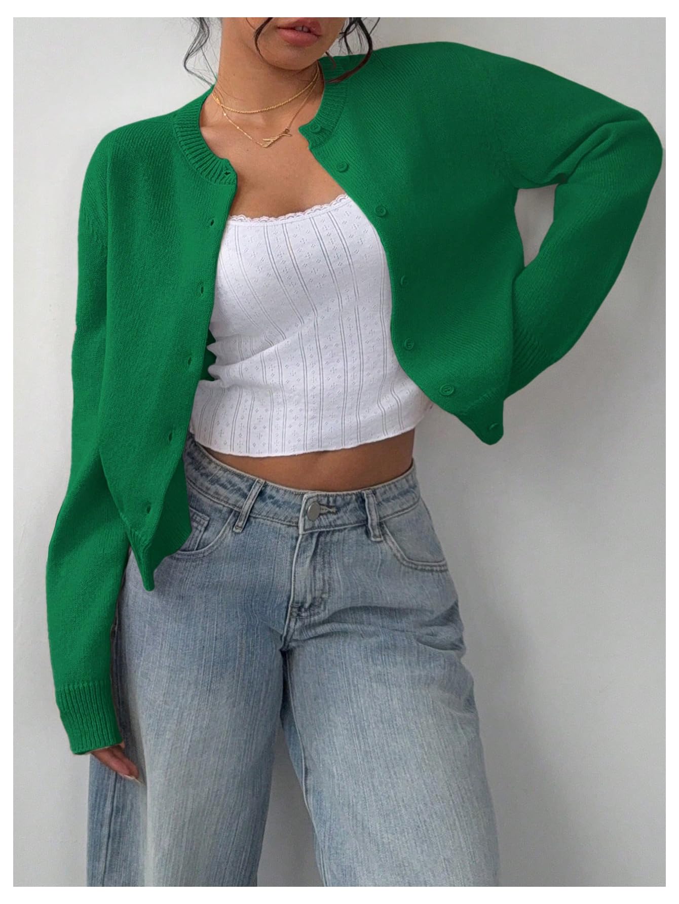 Women's Button Down Long Sleeve Crewneck Crop Cardigan Sweater Cute Knitwear Clothes