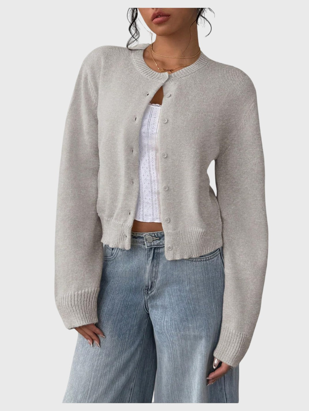 Women's Button Down Long Sleeve Crewneck Crop Cardigan Sweater Cute Knitwear Clothes