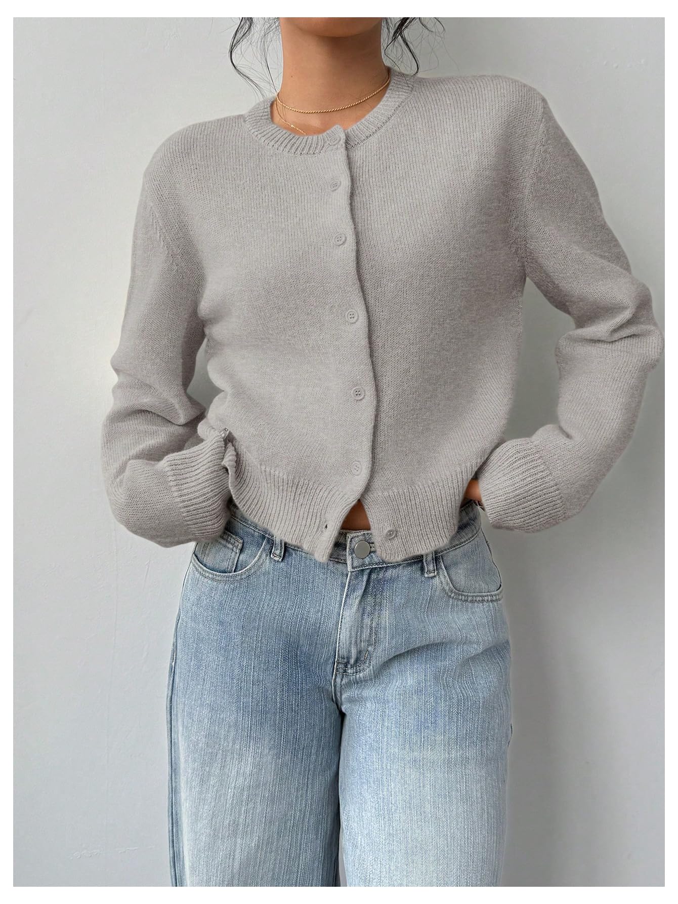 Women's Button Down Long Sleeve Crewneck Crop Cardigan Sweater Cute Knitwear Clothes