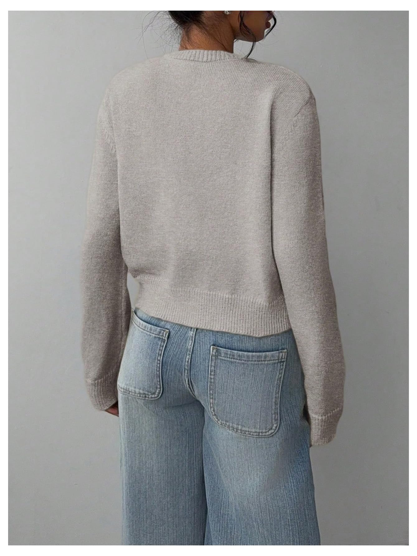 Women's Button Down Long Sleeve Crewneck Crop Cardigan Sweater Cute Knitwear Clothes