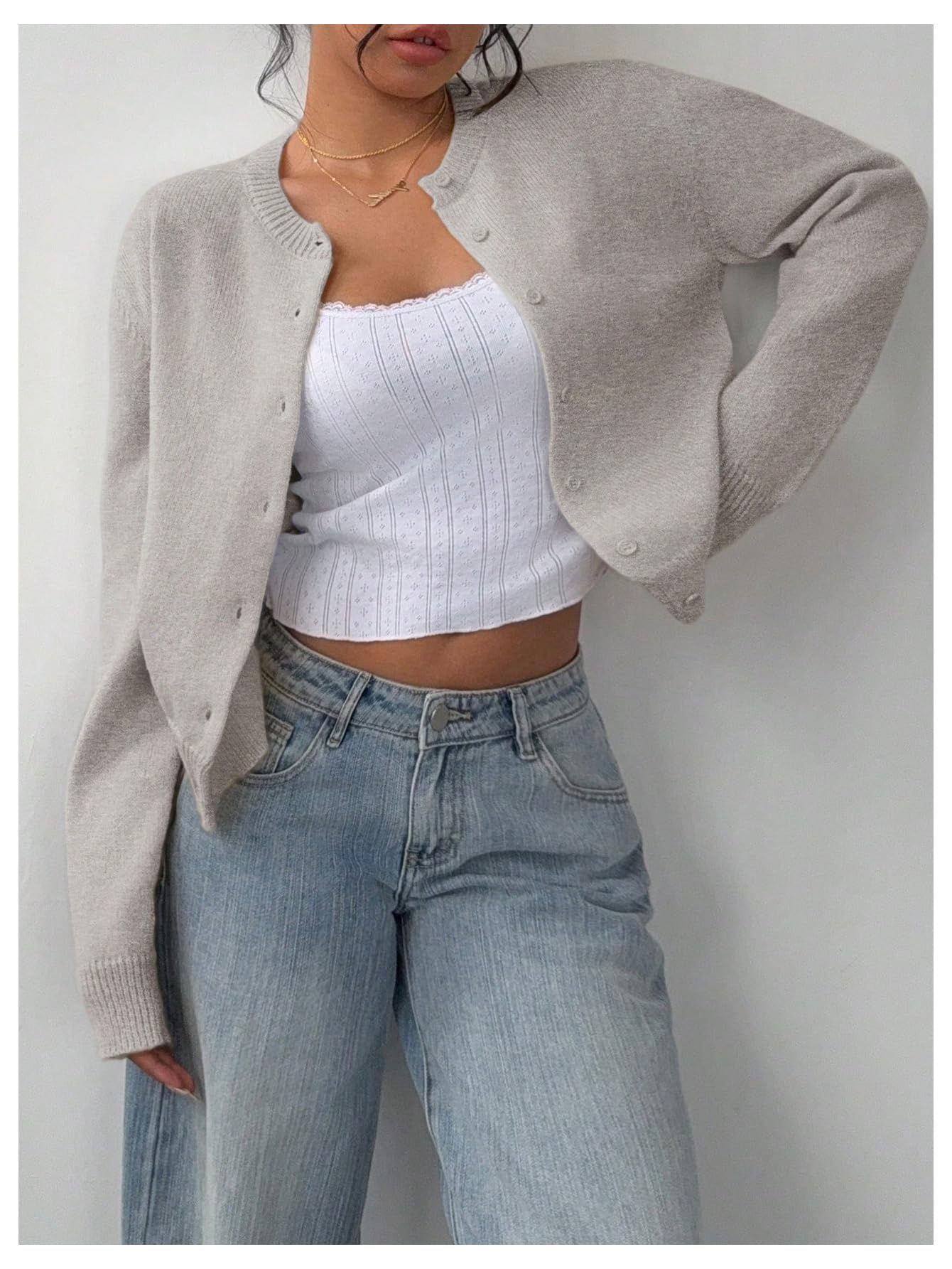 Women's Button Down Long Sleeve Crewneck Crop Cardigan Sweater Cute Knitwear Clothes