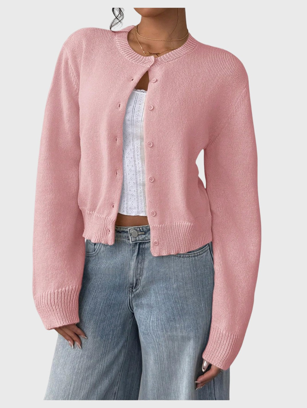 Women's Button Down Long Sleeve Crewneck Crop Cardigan Sweater Cute Knitwear Clothes
