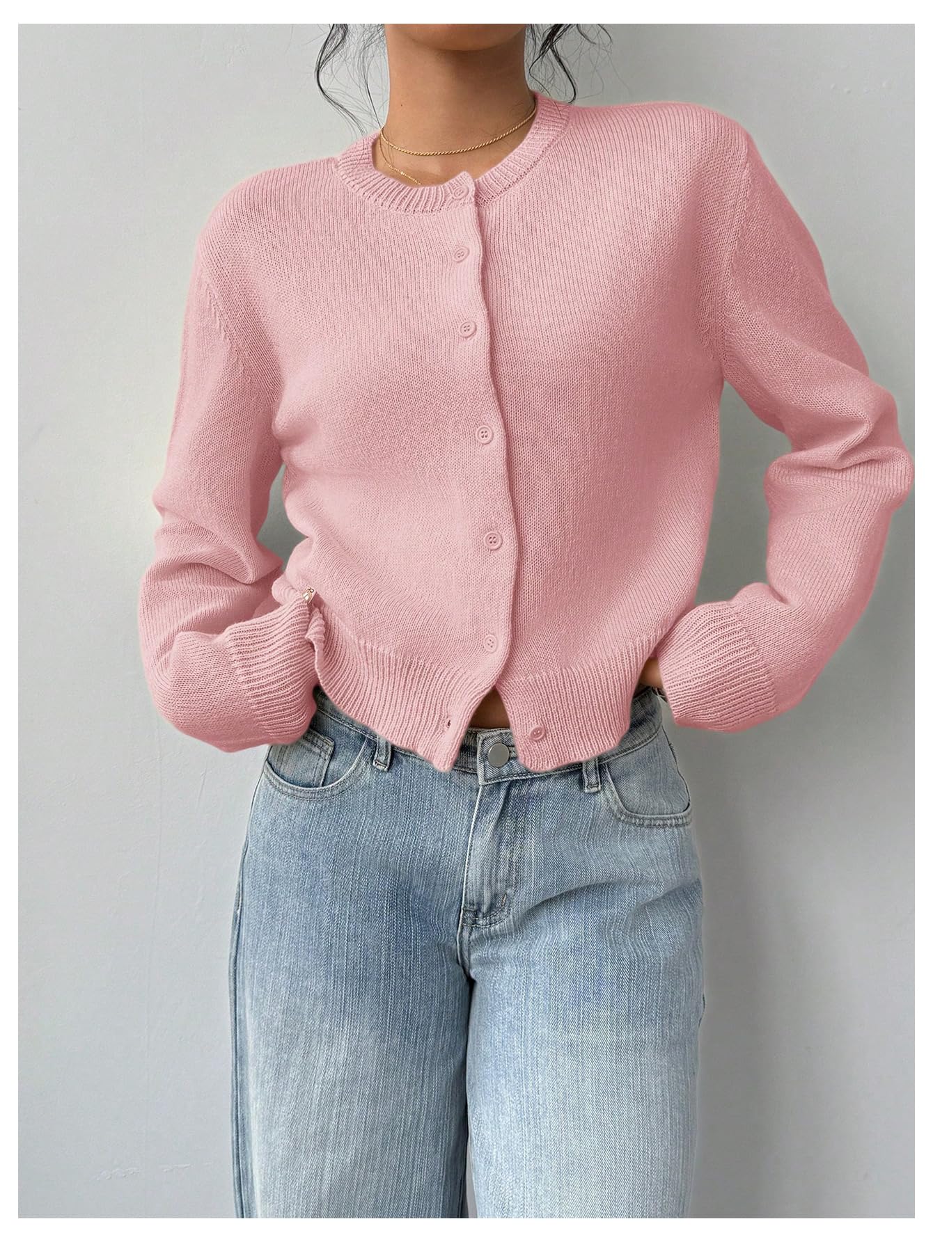 Women's Button Down Long Sleeve Crewneck Crop Cardigan Sweater Cute Knitwear Clothes