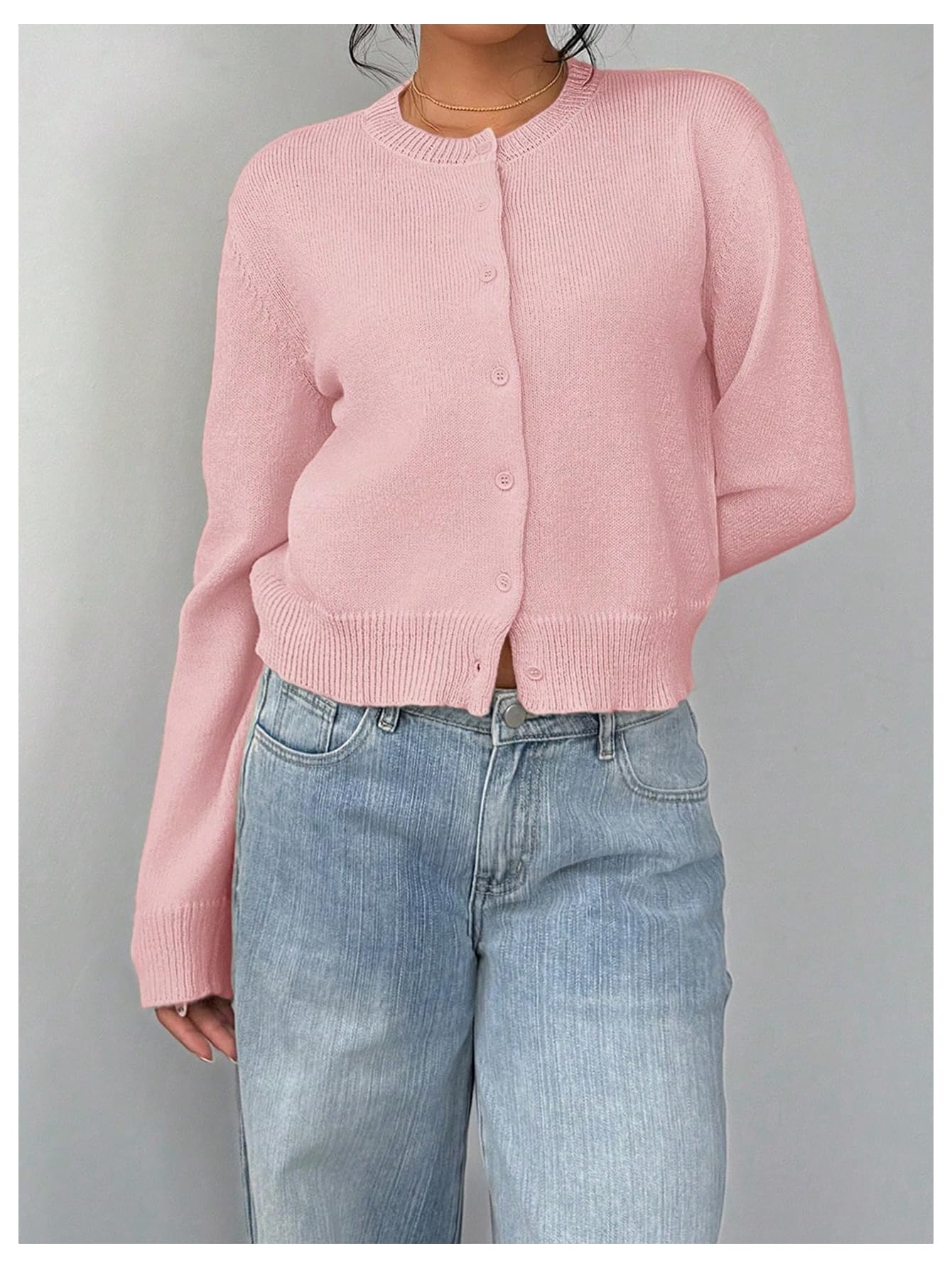 Women's Button Down Long Sleeve Crewneck Crop Cardigan Sweater Cute Knitwear Clothes