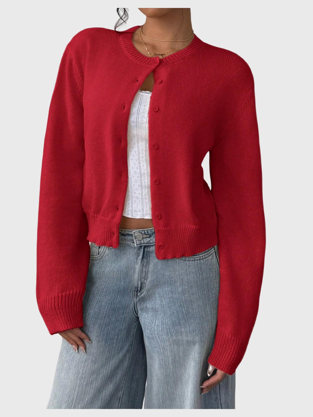 Women's Button Down Long Sleeve Crewneck Crop Cardigan Sweater Cute Knitwear Clothes