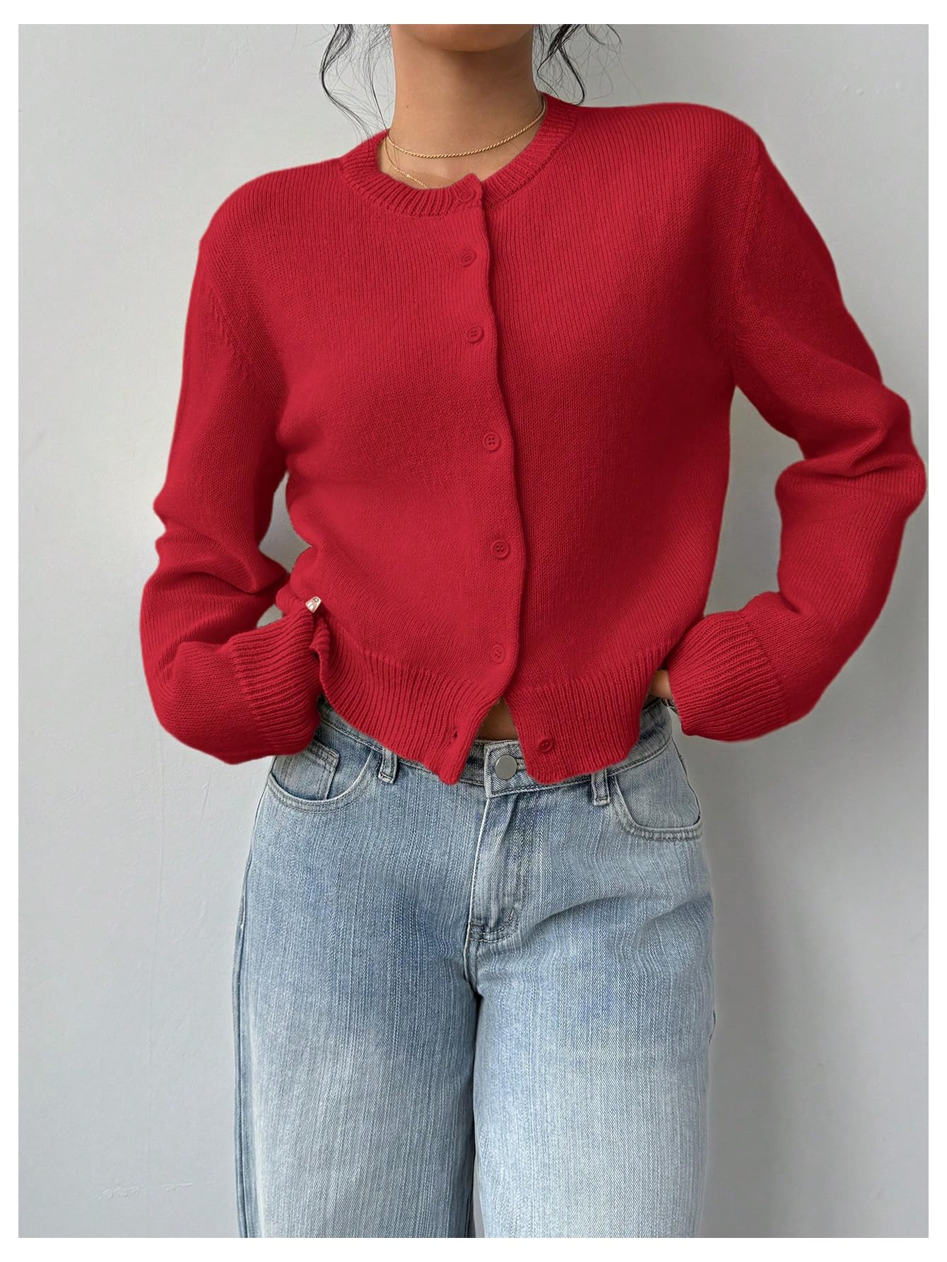 Women's Button Down Long Sleeve Crewneck Crop Cardigan Sweater Cute Knitwear Clothes