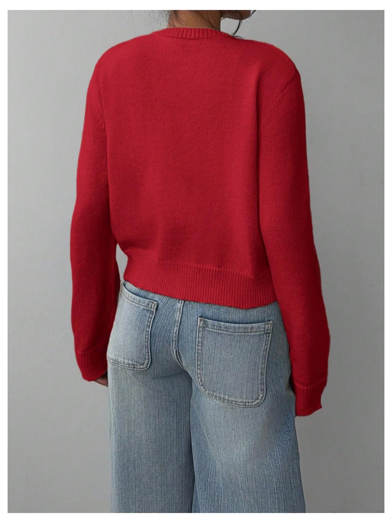 Women's Button Down Long Sleeve Crewneck Crop Cardigan Sweater Cute Knitwear Clothes