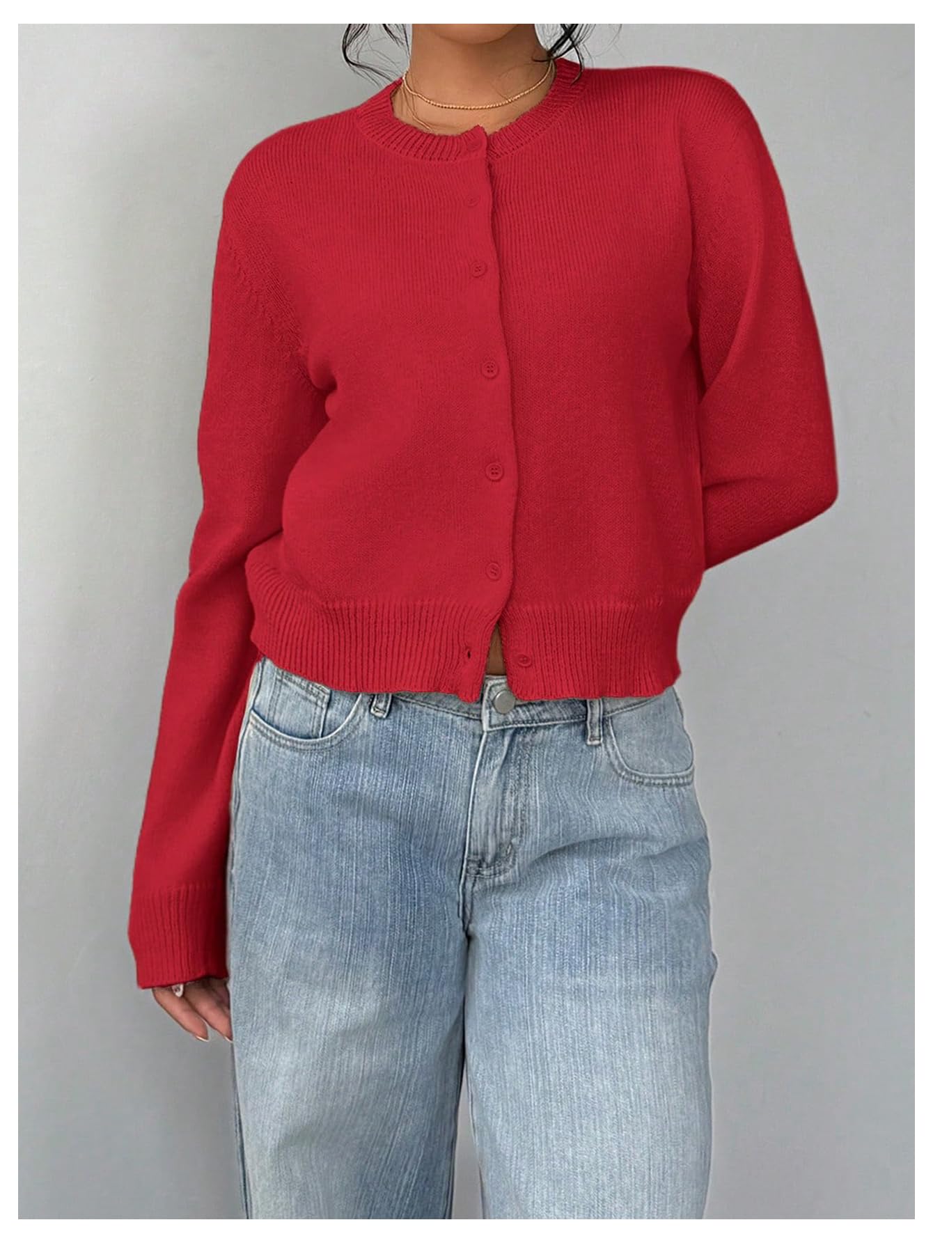 Women's Button Down Long Sleeve Crewneck Crop Cardigan Sweater Cute Knitwear Clothes