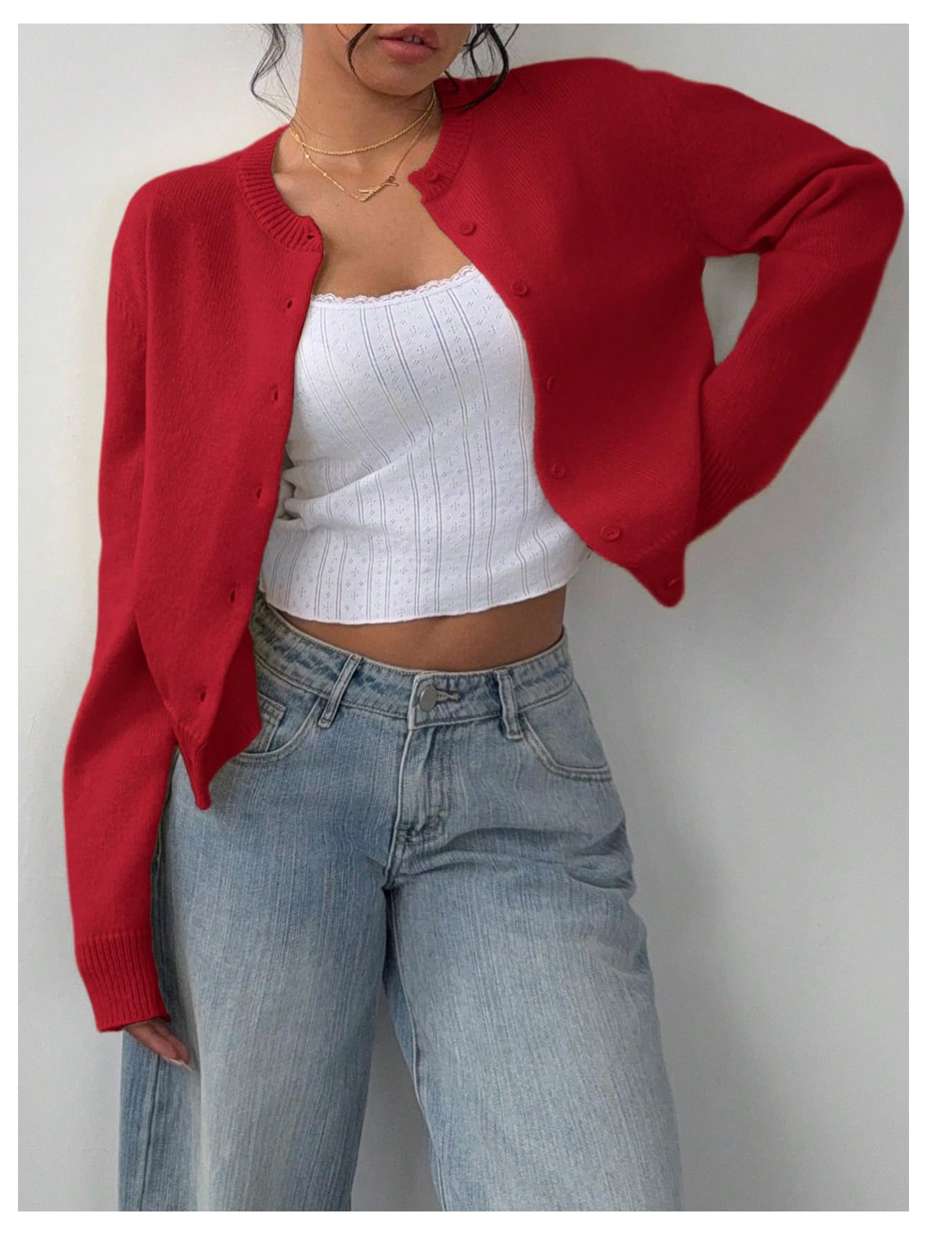Women's Button Down Long Sleeve Crewneck Crop Cardigan Sweater Cute Knitwear Clothes