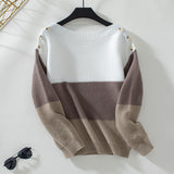 Womens Long Sleeve Crew Neck Color Block Fall Fashion Knitted Pullover Sweaters