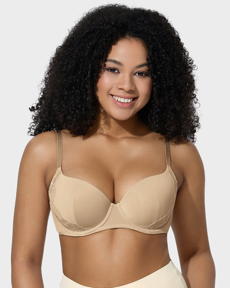 Ailovesexy - Deep V Lace Trim Full Coverage Push Up Bra